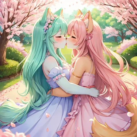 best quality,best resolution,(fluffy anthro furry :1.3),gold cat girl,mint cat girl,long hair,wavy hair,lesbians,huge sakura garden,plenty sakura petals in the air,romantic light,lesbians pose,beautiful dress with ribbon,ruffles,french kissing,