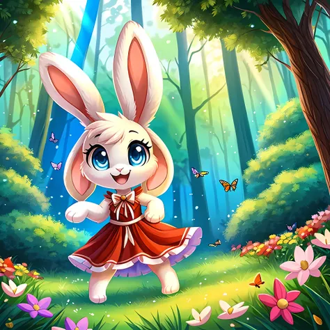 zoomed out image, ((solo character)), cute style art, fantasy style art, cute, adorable, short character, small, tiny little fluffy female white bunny with blue eyes, 4 ears, 2 extra ears, big floppy ears, long ears, ears perked up, raised ears, long eyela...