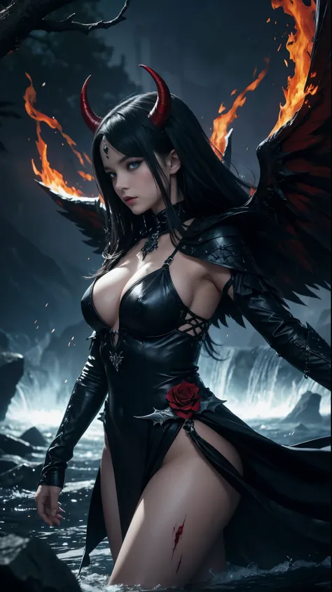 Ultra-detailed French girl, 15 years ago, angel, Fallen angel, Black angel, big wings, Black feather, beautiful little breasts, blue eyes, showing great cleavage, darkness, Evil creature, skull, Black thorn hair ornament, Blood red roses, Dark red clothing...