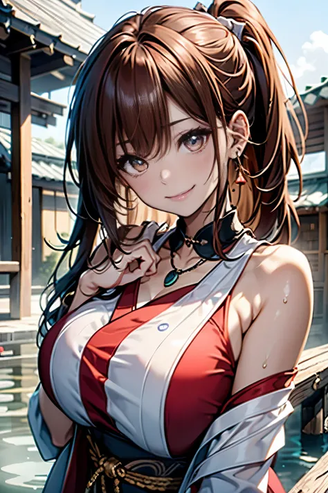 (Japanese hot springs,Soak up to your shoulders in the open-air bath,)cheeks turn red、smile shyly、(beautiful girl)、(reddish brown hair、hairpin、ponytail、floating hair、)embarrassingly big breasts、dreamy eyes、A smile that confuses the viewer、Check out the pho...