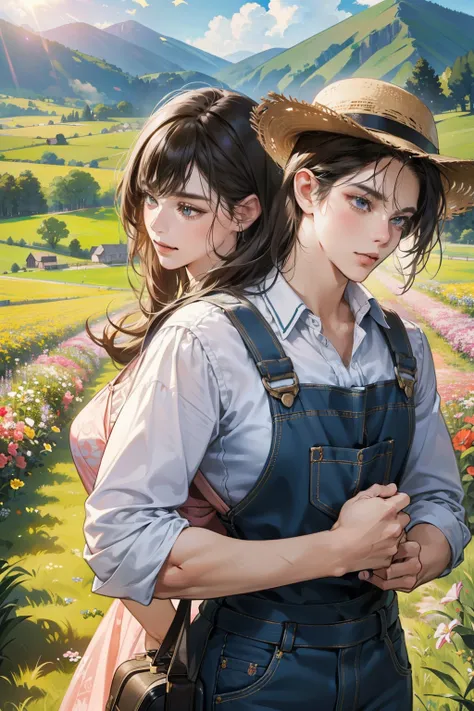 (ultra-detailed, cartoonish style --s2), (1 man and 1 woman, standing in a farm), a man with a tall and perky build, wearing overalls and a wide-brimmed hat, (a woman in a flowery dress, carrying a mismatched suitcase), her face expressing determination, (...