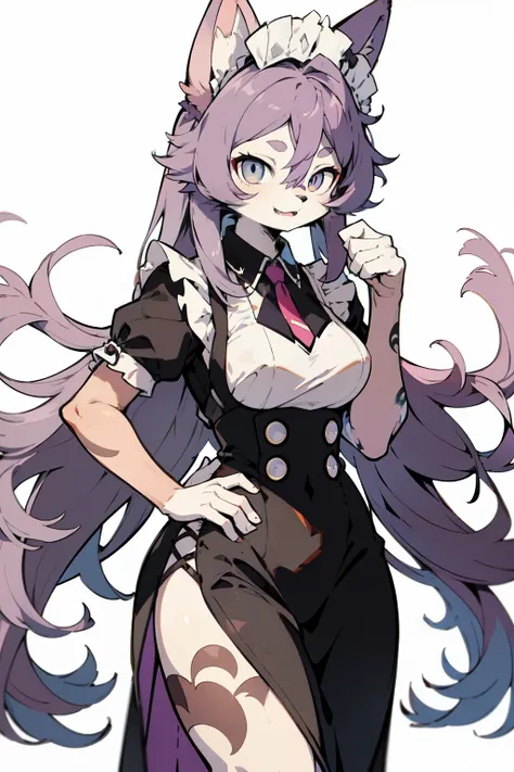 uma personagem furry no estilo anime. Slim and agile body, pelagem em tons de roxo e rosa, delicate features, olhos violeta profundos, flowing silky hair, dressed as a maid with an impeccable uniform in shades of purple and pink.