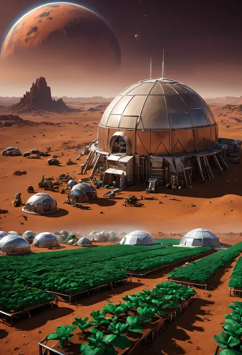 there is one cyber farm on Mars, the farm is fully automated and robotic, the farm grows Martian plants and breeds Martian animals, depict one moment from the life of a Martian cyberfarm, convey the whole atmosphere of life and everyday life on a Martian f...