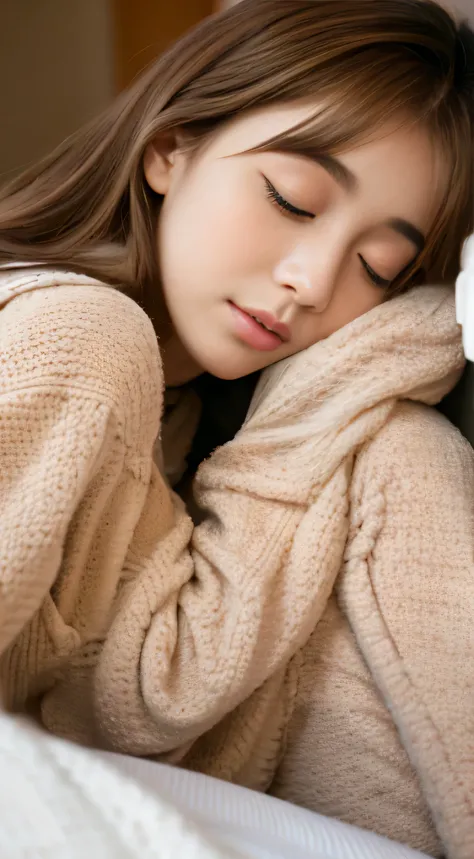 Best picture with high-definition picture,Sleeping Girl, 22 years old,Enako&#39;s image， Realistic, she is wearing long pants, she is wearing 赤いpajama, Brown hair.Details of face,Details of beautiful women,facial details，Full body high quality image，beauti...