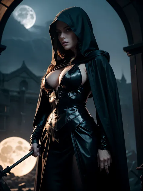 An ultra hot gorgeous European woman, age 23, long blonde detailed curly hair, full body shot, athletic build, hourglass figure, Queen of Death, black robes, sexy black outfit, grim reaper, exterior graveyard, surrounded by ones and skulls, black hood, hoo...