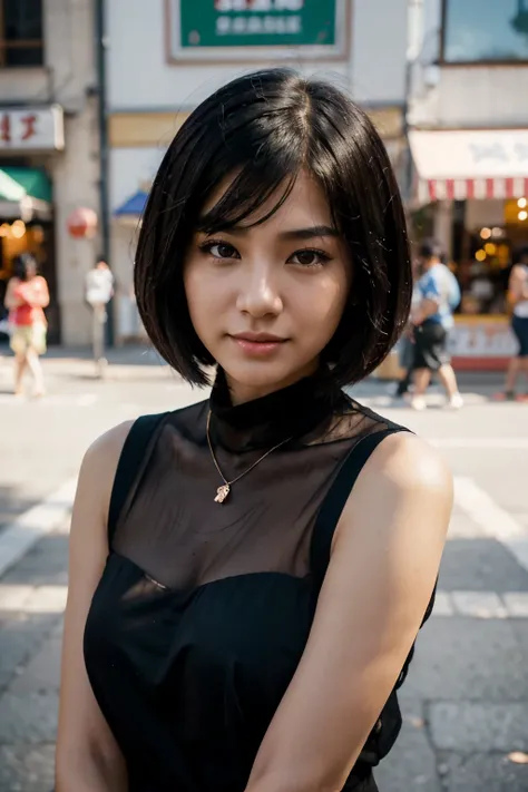 arafed asian woman with black hair, front facing candid raw photo of a beautiful young 20 year old woman influencer with a voluminous short bob cut, black hair, fair skin, blending Russian and Korean ethnicity, cheerful expression. bigger upper lip and sma...