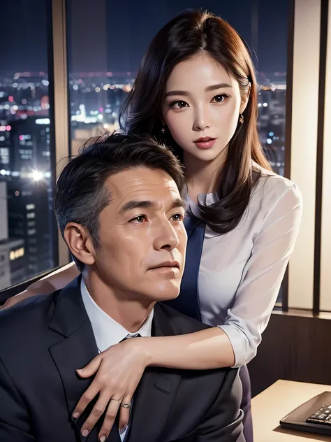 Beautiful woman wearing an office lady suit、(Kissing a beautiful older man in a suit:1.1)、(In an empty office)、(A detailed face:1.5)、The background is a window with a view of a skyscraper、(Night:1.6)