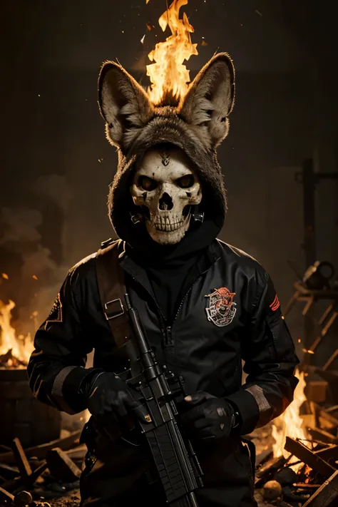 Half-skull jackal on fire with guns around his head