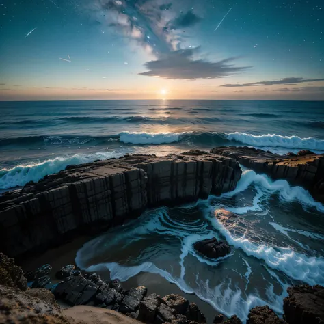 Crie uma imagem de uma praia com coqueiros, mar aberto, um barquinho, montanha e rochedos, sky with stars, lua minguante e uma nave espacial voando da esquerda para a direita