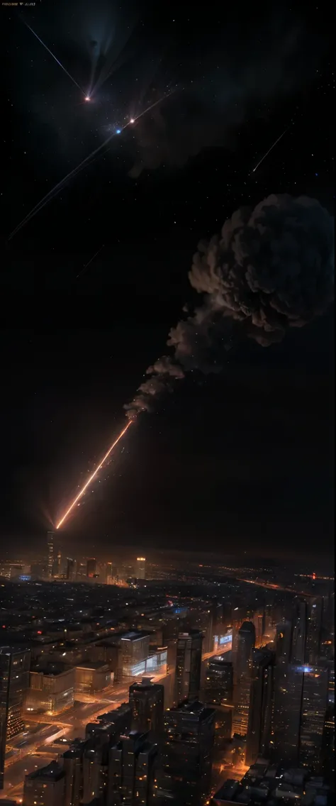 ((masterpiece, highest quality, Highest image quality, High resolution, photorealistic, Raw photo, 8K)), Meteorites rain down on the city from the night sky, A night view of a city ablaze with black smoke,