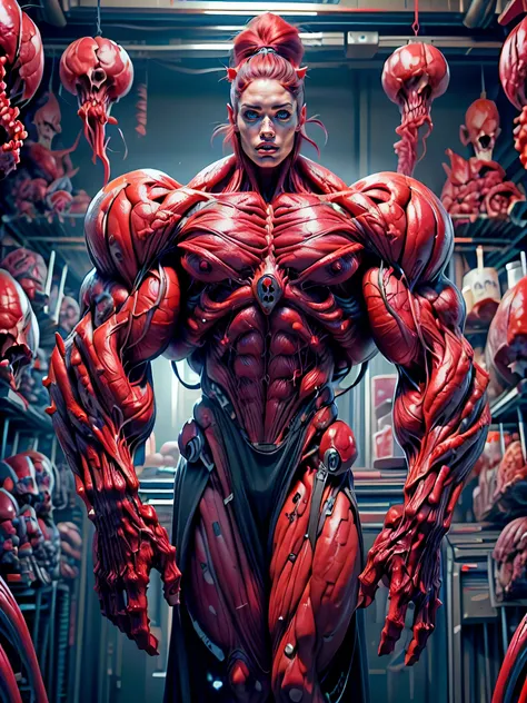 (1 girl), (megan fox:1.25), (long red hair), (carnage skinless physique:1.25), (1 super muscular undead skinless succubus with gigantic horns:1.25), (covered in red necrotic rotting skinless muscle:1.25), (exposed muscles & veins everywhere:1.25), (perfect...