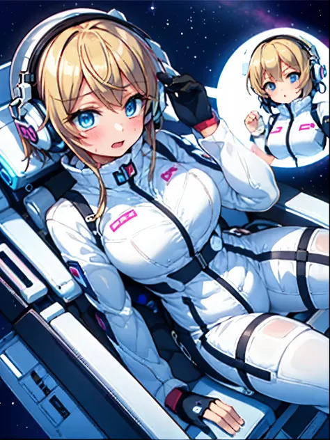 very detailed、(futuristic spaceship interior):1.5、人妻1 person，short bob，golden hair,(space helmet):5, (white space suit):1.5、body...