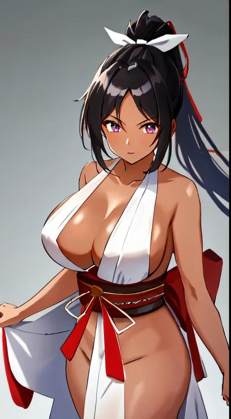 masterpiece, best quality, anime screeshot, a close photo, 1 girl, solo, standing, long hair, black hair, violet eyes,high ponytail, parted bangs, Red hair ribbon, red hakama and white kimono, big breasts, medium breasts, looking_at_viewer, expressionless,...