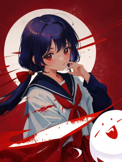 Japanese uniform school girl, 90s anime, horror anime gore with blood, ghost, detailed hands, five fingers