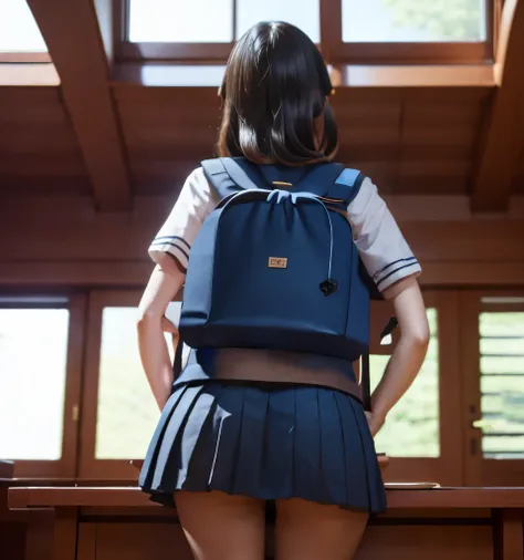 highest quality、8K、professional lighting、Natural light、A cute boy、fiery idol pose、precision wool、beautiful and delicate skin、shiny skin、no makeup、thin、pale skin、big breasts、very short hair、I&#39;学校の教室にいるI、High school girl in uniform、She is wearing a navy b...