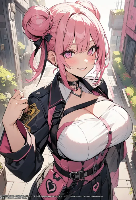 1 girl, pink long bun hair, heart shaped eyes, ♡, big breasts, police officer clothes, {girl with pink long bun hair named Nami}, (Pink eye color), {downtown}, (smile), bright background , mole under eye, heart shaped choker, (masterpiece, highest quality)...