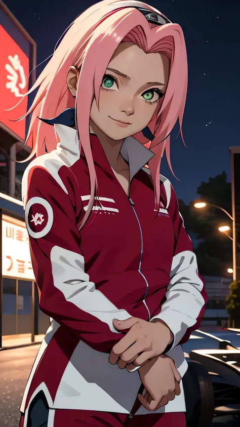 tmasterpiece， Best quality at best， 1girll，Sakura Haruno，（fullbodu closeup)，Raised sexy，is shy，ssmile，with pink hair， long whitr hair， （Green eyeballs:1.4)， Forehead protection, race circuit at night with formula car background，long sleeve, blue colour rac...