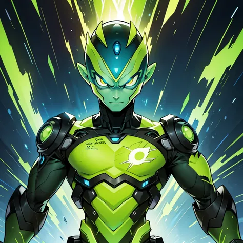 Omnitrix alien landscape, high definition, diverse species, animated, Ben Tennyson focus, intricate mechanical details, advanced technology, glowing energy, various textures, dynamic poses,
(Ben with open Omnitrix, blue alien, detailed exoskeleton, Bens su...