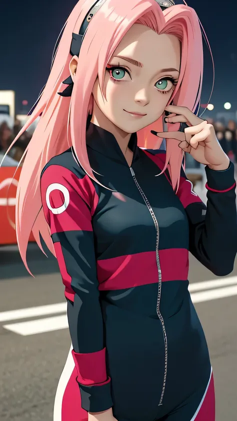 tmasterpiece， Best quality at best， 1girll，Sakura Haruno，（fullbodu closeup)，Raised sexy，is shy，ssmile，with pink hair， long whitr hair， （Green eyeballs:1.4)， Forehead protection, race circuit at night with formula car background，long sleeve, blue colour rac...