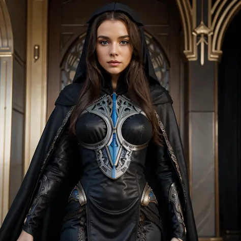 Albanian, girl, long brown hair, blue eyes, a close up of a statue of a woman wearing a veil, still from avengers endgame, biomechanical dress, wearing a luxurious cloak, cinematic woman, african female android, sexy gown, black leather robes! intricate, b...