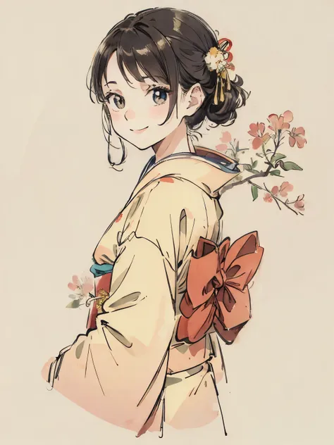 1 girl, smiling, from behind, kimono, cute smile, break, bk pond