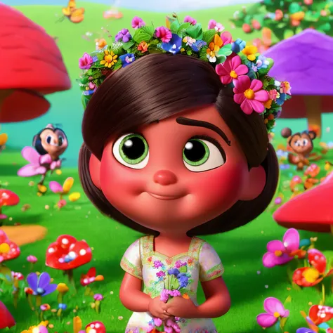 make a disney style character. Ela deve ter pele clara, cabelos castanhos escuros acima dos ombros, grandes olhos verdes escuros, ser confeiteira, estar segurando um bolo em uma padaria, avental rosa florido