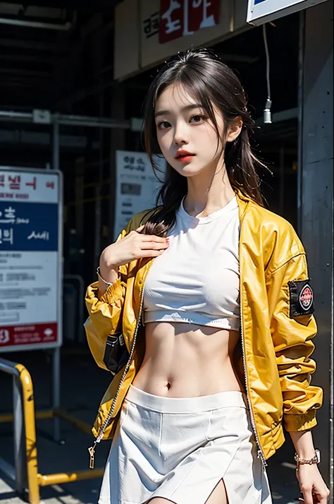 Asian woman walking down the street wearing white skirt and red jacket, slim woman photo model, Korean female fashion model, wearing a white crop top, Korean woman, cropped shirt with jacket, slim woman photo, her belly button was exposed, cgstation trends...