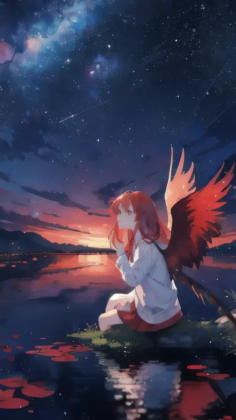 A red-haired girl with wings, sitting by a tranquil lake, gazing up at the stars, best quality, masterpiece, colorful, starry night, reflecting the twinkling stars on the waters surface, wings spread wide, adding an ethereal and aesthetic touch to the scen...