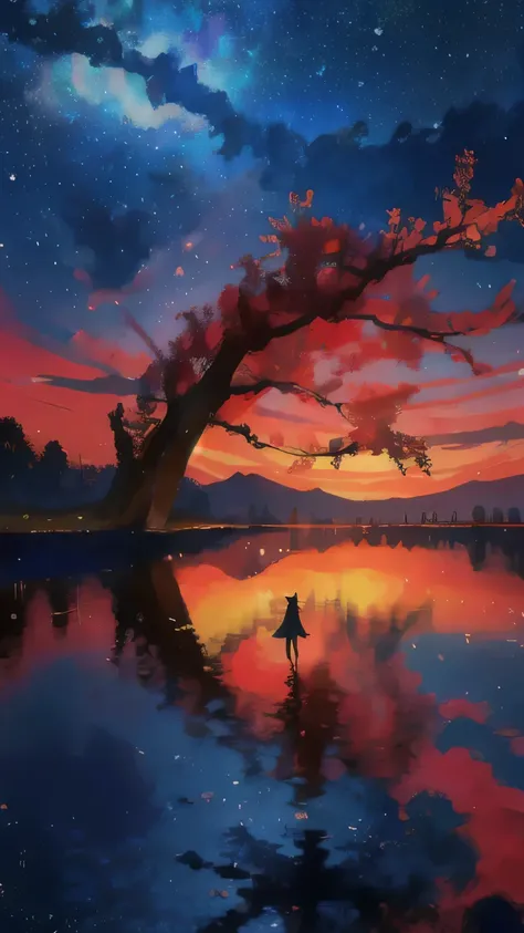 A red-haired girl with wings, sitting by a tranquil lake, gazing up at the stars, best quality, masterpiece, colorful, starry night, reflecting the twinkling stars on the waters surface, wings spread wide, adding an ethereal and aesthetic touch to the scen...