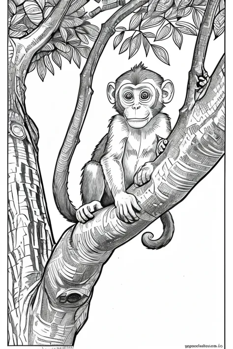 monkey in a tree as a coloring book page, no color, in the style of a coloring book