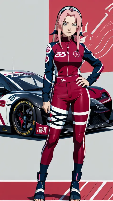 tmasterpiece， Best quality at best， 1girll，Sakura Haruno，（fullbody closeup)，Raised sexy，is shy，ssmile，with pink hair， long whitr hair， （Green eyeballs:1.4)，dark blue Forehead protection, formula car background，long sleeve, race driver suit