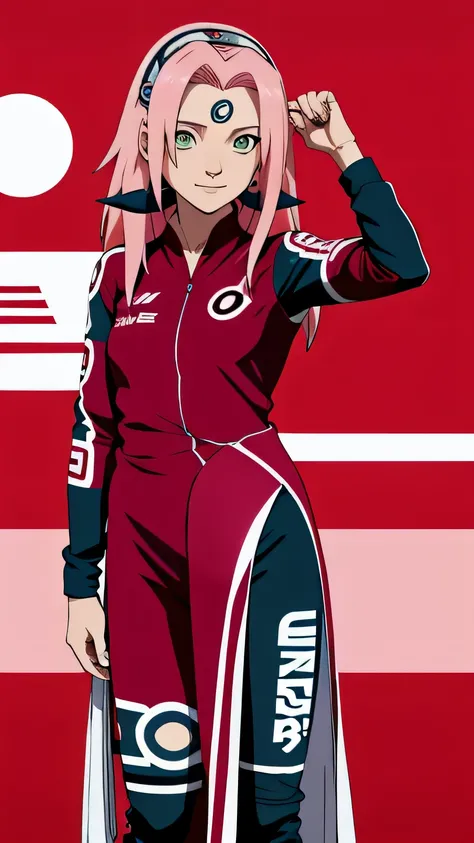 tmasterpiece， Best quality at best， 1girll，Sakura Haruno，（fullbody closeup)，Raised sexy，is shy，ssmile，with pink hair， long whitr hair， （Green eyeballs:1.4)，dark blue Forehead protection, formula car background，long sleeve, racing driver suit