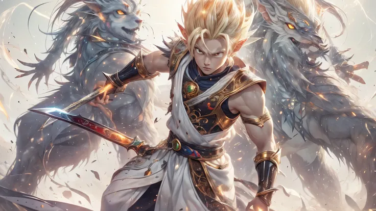 (masterpiece), 8k, best quality, full body, elf boy, naive, male, teenager, 14 years old, white skin, slim body, pointed elf ears, beautiful finely detailed silver eyes, high forehead, hair yellow blonde spiky like Gohan from the anime dragon ball (super s...