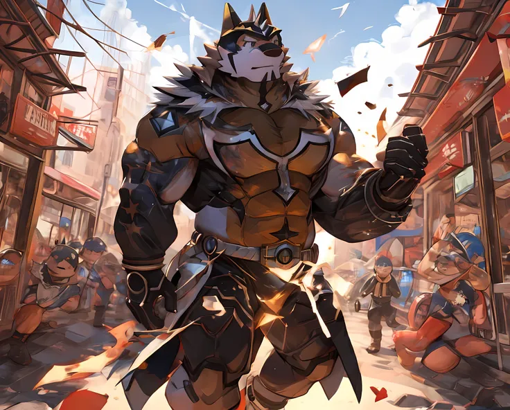 Anthropomorphic, (Solo), Single, Male, Muscle, Lonely, 45 years old, in SWAT clothes, City area, Perfect scaling, Masterpiece, High Definition, Best Drawing, Illustration, By ZiXiong_, standing still, Engaged battle, Scale of view, Fighting an Villains, Gu...