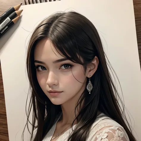 um desenho de 1 bela mulher longo,  retrato bonito detalhado, retrato altamente detalhado, desenhado no estilo de artgerm, realistic sketch,  detalhada, desenho preto e branco, detailed illustration portrait, Estilo de desenho a lapis, retrato feminino, Re...