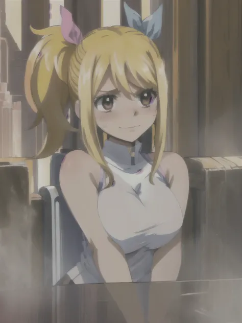 masterpiece, best quality, large breasts, lucy heartfilia, solo, blonde hair, brown eyes, long hair, side ponytail, bare shoulders, sleeveless, hair ribbon, evil smile, blush, breath, upper naked