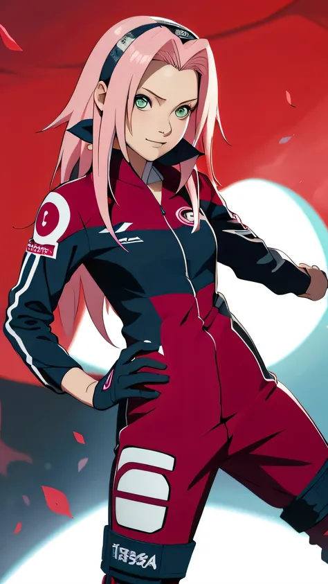 tmasterpiece， Best quality at best， 1girll，Sakura Haruno，（fullbody closeup)，Raised sexy，is shy，ssmile，with pink hair， long whitr hair， （Green eyeballs:1.4)，dark blue Forehead protection, Le Mans circuit background，long sleeve, Nissan race driver suit