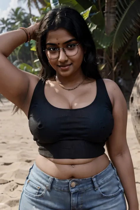 (RAW, masterpiece, hyper-realistic) desi Indian woman wearing (black crop top:1.3) and (denim shorts), 20 years old,(chubby cheeks), (curvy body:1.2), (eyeglasses), (bindi), An Indian beauty, charismatic, dark Indian- skin, view the viewer, naughty smile, ...