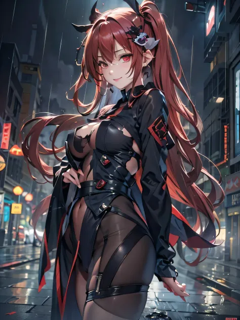 (photorealistic:1.8, highest quality:1.8,8K masterpiece:1.8,High resolution,muste piece:1.8,RAW Photos,cinematic lighting),
cyber punk、Back alley at night in the city、rain-soaked ground、vapor、
 1 girl、Uruha Rushia、Succubus wings、succubus、Unique、black long ...