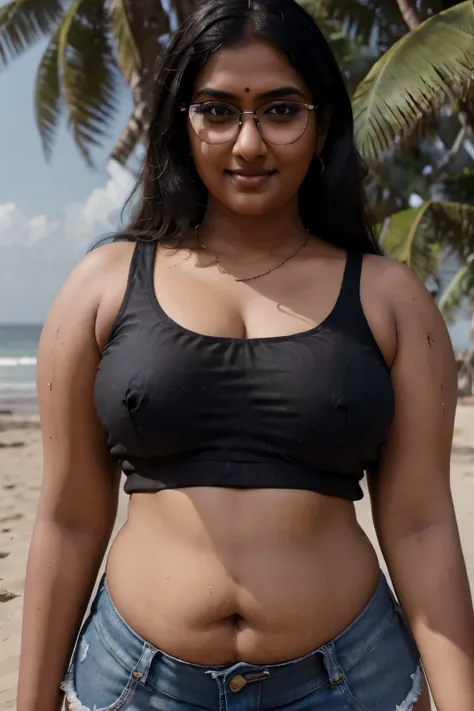 (RAW, masterpiece, hyper-realistic) desi Indian woman wearing (black crop top:1.4) and (denim shorts), 20 years old, (chubby voluptuous plus size:1.3), (eyeglasses), (bindi), An Indian beauty, charismatic, dark Indian- skin, view the viewer, naughty smile,...