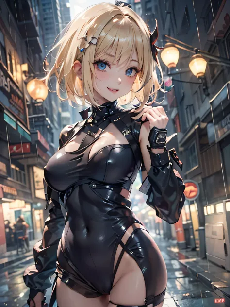 (photorealistic:1.8, highest quality:1.8,8K masterpiece:1.8,High resolution,muste piece:1.8,RAW Photos,cinematic lighting),
cyber punk、Back alley at night in the city、rain-soaked ground、vapor、
 1 girl、Misaka Mikoto、succubus、half coat、Completely naked、light...