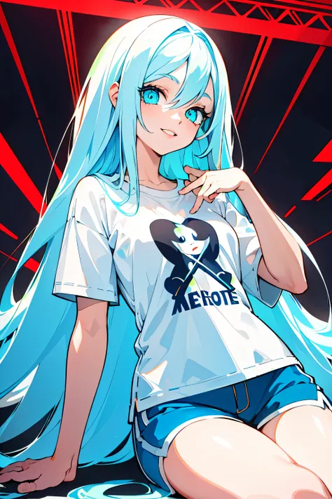 woman, long white hair, cyan eyes (beautiful detailed eyes), black mini t-shirt, blue shorts, sitting, smiling (beautiful detailed lips), rude expression, anime style, 8k resolution (best quality, ultra-detailed), vibrant colors, stylized lighting, red lig...