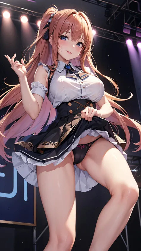 ((highest quality、High resolution、Highly detailed CG Unity 8K wallpaper))、detailed face、perfect body、unparalleled beauty、beautiful breasts、open your legs、shy smile、I&#39;m seducing you、sing、dance、((She lifts up her skirt and shows her panties on live stage...