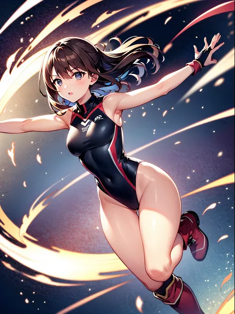 masterpiece, best quality, 1girl, superhero, gymnast_outfit leotard, bare legs, knee boots, matching boots, heroic, standing, body infused with energy, light particles, solo, single, cowboy shot, perfect anatomy, brown hair, beautiful detailed eyes, spread...