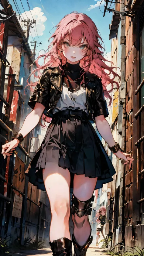 (A beautiful young girl with long curly pink hair, slender eyebrows, sparkling eyes, a bewildered expression, an oval-shapedl face with pale skin, a knee-length form-fitting leather trench coat with very short sleeves, she adorns both hands with metallic w...