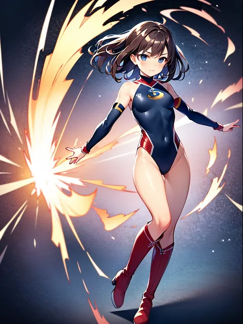 masterpiece, best quality, 1girl, superhero, gymnast_outfit leotard, bare legs, knee boots, matching boots, heroic, standing, body infused with energy, light particles, solo, single, cowboy shot, perfect anatomy, brown hair, beautiful detailed eyes, spread...