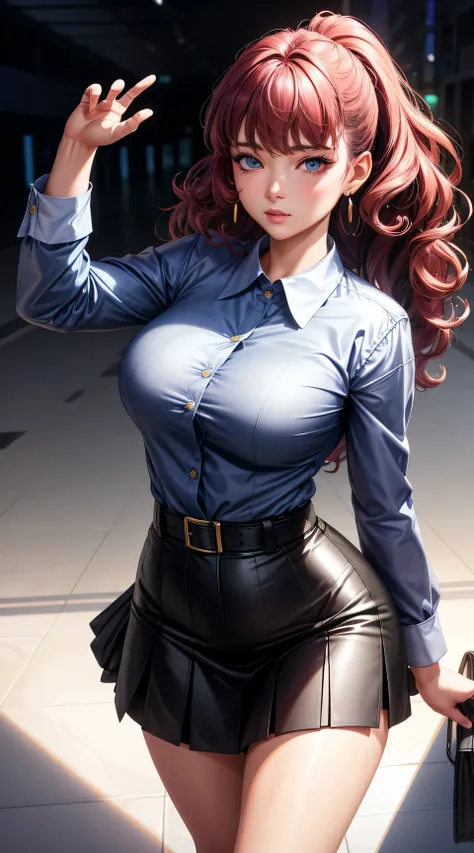 (best quality:1.5, highres, UHD, 4K, detailed lighting, shaders), (high quality eyes), ( perfect fingers),  curly floral haired, gradient hair, large breasts, suit, gray shirt, social shirt, short skirt, mature woman , (pov), white background, colorful eye...