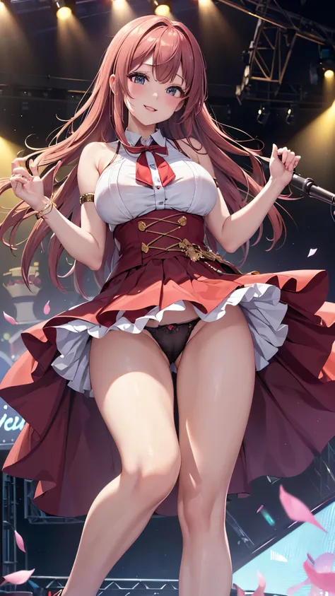 ((highest quality、High resolution、Highly detailed CG Unity 8K wallpaper))、detailed face、perfect body、unparalleled beauty、beautiful breasts、open your legs、shy smile、I&#39;m seducing you、sing、dance、((She lifts up her skirt and shows her panties on live stage...