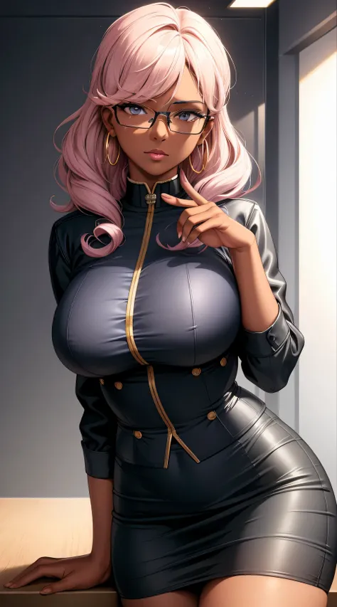 (best quality:1.5, highres, uhd, 4k, detailed lighting, shaders), gold curly haired, gradient hair, large breasts, suit, gray sh...