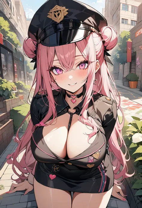 1 girl, pink long bun hair, heart shaped eyes, ♡, big breasts, police uniform and hat, {girl with pink long bun hair named Nami}, (Pink eye color), {downtown}, (smile), bright background , mole under eye, heart shaped choker, (masterpiece, highest quality)...